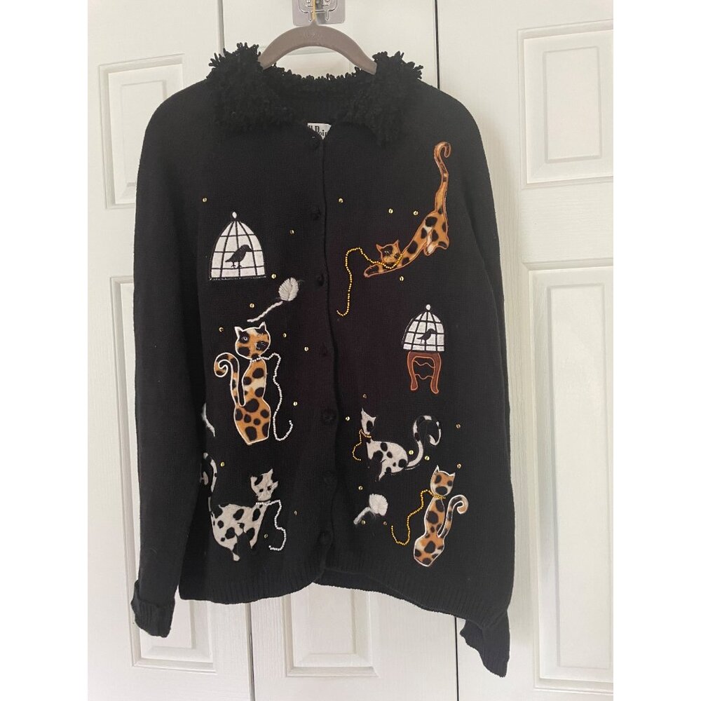 All Points Reference Black Applique Felt Cat Cardigan Sweater Collared Beaded M
